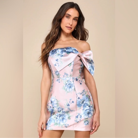 Lulus Soiree Darling Pink Floral Bow Off-the-Shoulder Mini Dress. NWOT - Picture 3 of 6